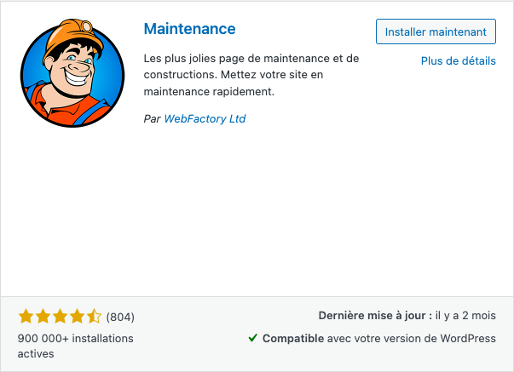 Impression d'écran du plugin WordPress "Maintenance"