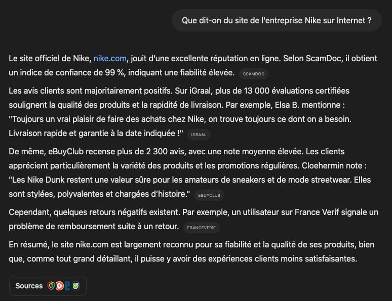 Résultats de la recherche "Que dit-on du site de l'entreprise Nike sur Internet ?" sur ChatGPT